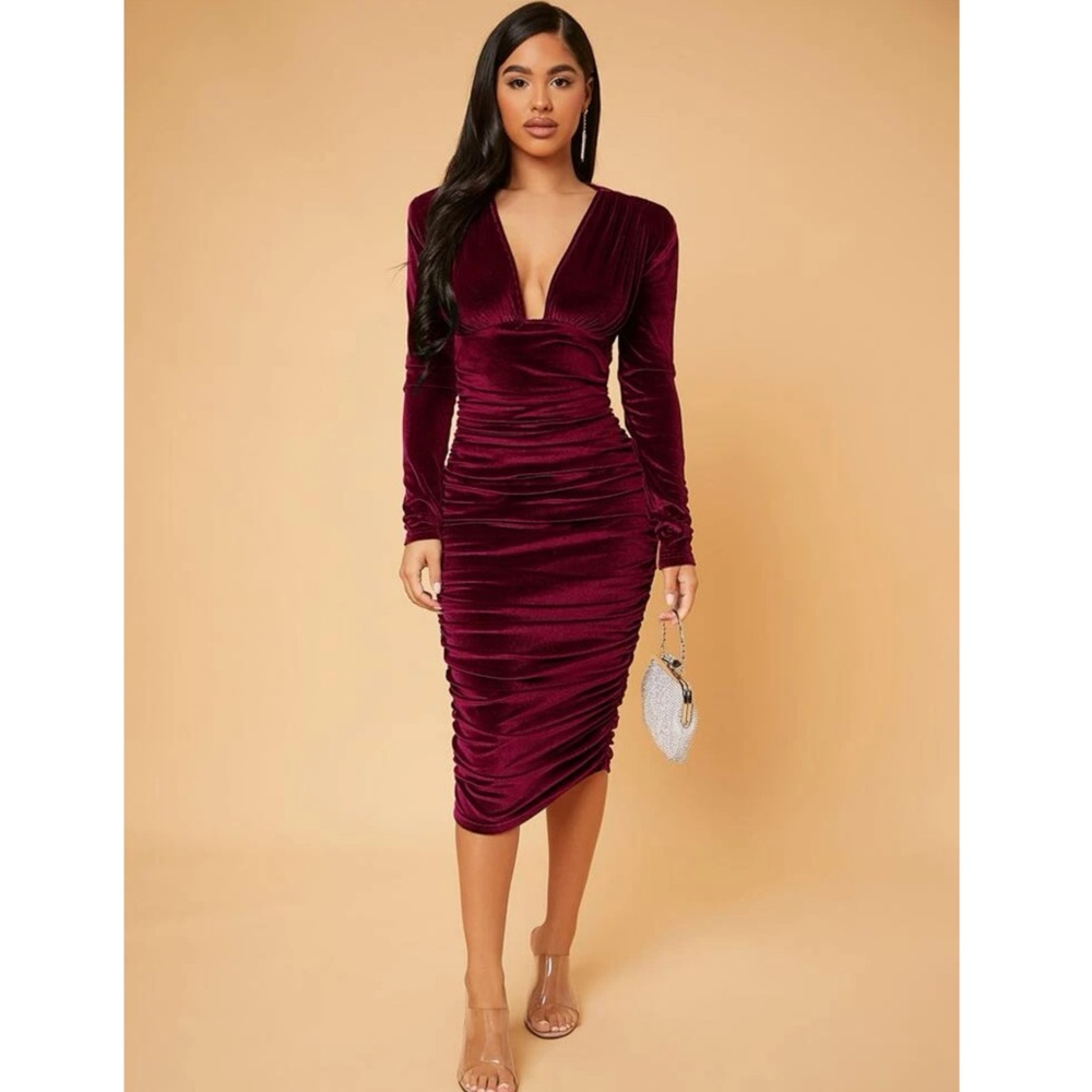 Deep V Neck Ruched Velvet Burgundy Long Sleeve Midi Dress